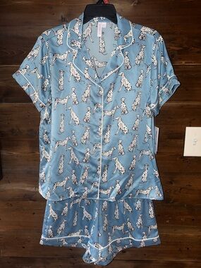 Dalmatian-Print Satin Short Pajama Set in Blue